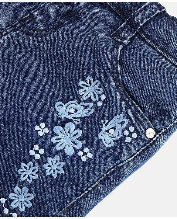 Babyhug Cotton Above Knee Length Washed Denim Stretchable Shorts Floral Embroidered - Blue
