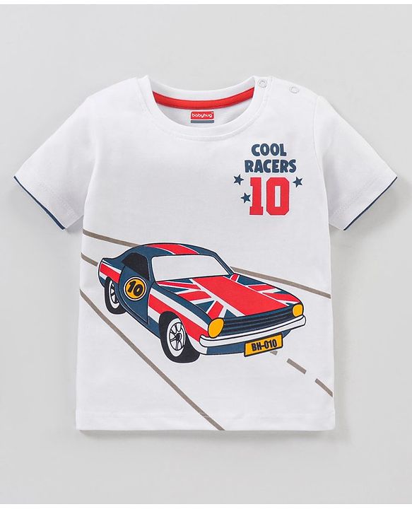 Babyhug Cotton Jersey Half Sleeves T-Shirt Car Printed - White