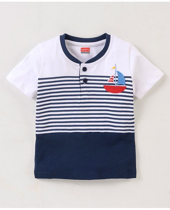 Babyhug Cotton Jersey Knit Half Sleeves Striped T-Shirt Boat Applique - White & Blue