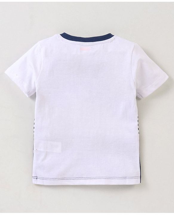 Babyhug Cotton Jersey Knit Half Sleeves Striped T-Shirt Boat Applique - White & Blue