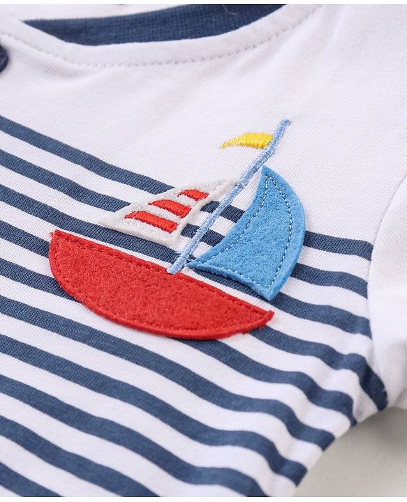 Babyhug Cotton Jersey Knit Half Sleeves Striped T-Shirt Boat Applique - White & Blue