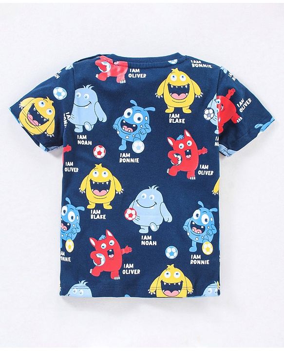 Babyhug Cotton Knit Half Sleeves Monsters Printed T-Shirt - Navy Blue