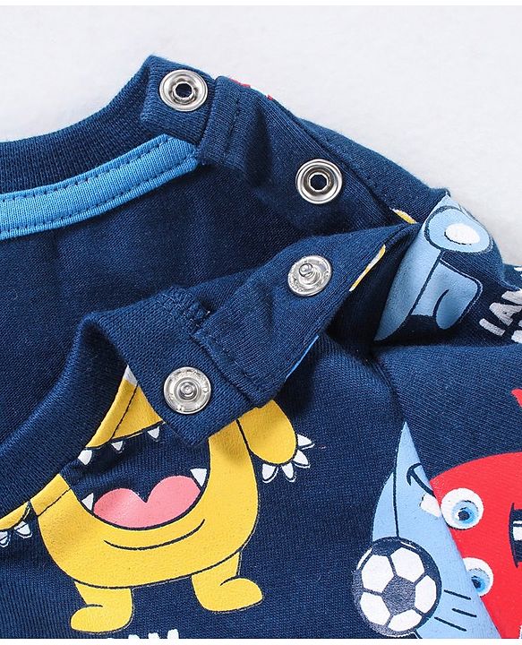 Babyhug Cotton Knit Half Sleeves Monsters Printed T-Shirt - Navy Blue