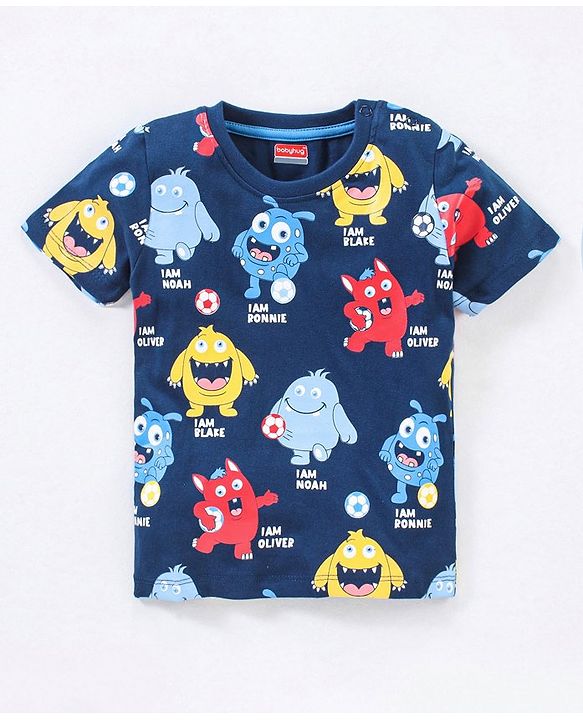 Babyhug Cotton Knit Half Sleeves Monsters Printed T-Shirt - Navy Blue