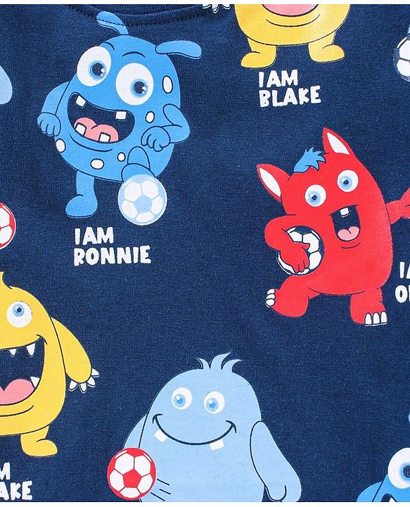 Babyhug Cotton Knit Half Sleeves Monsters Printed T-Shirt - Navy Blue