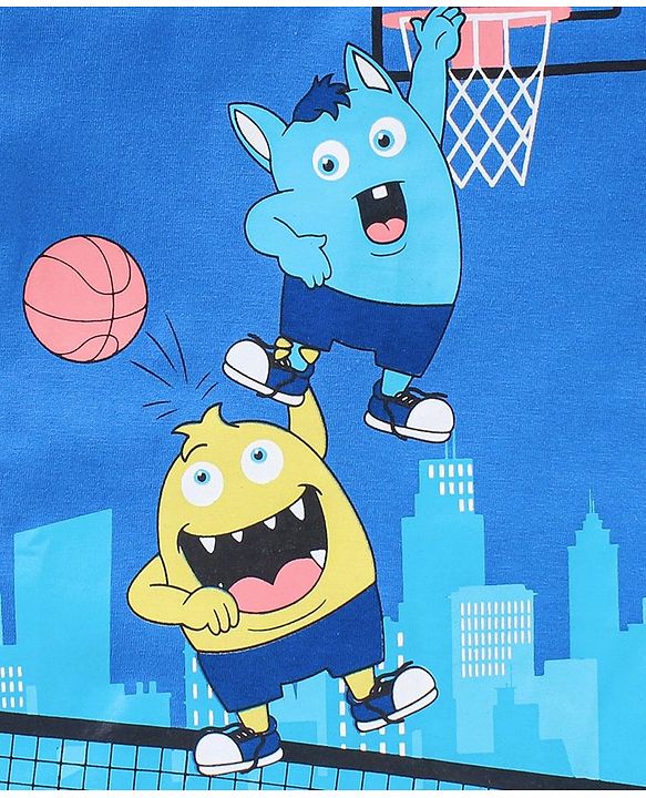 Babyhug Cotton Knit Half Sleeves Monsters Printed T-Shirt - Blue