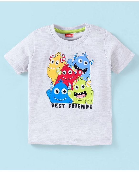 Babyhug Cotton Jersey Half Sleeves T-Shirt Cartoon Monsters Print - White Melange