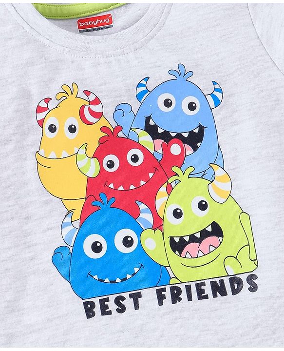Babyhug Cotton Jersey Half Sleeves T-Shirt Cartoon Monsters Print - White Melange