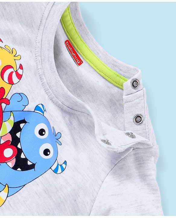 Babyhug Cotton Jersey Half Sleeves T-Shirt Cartoon Monsters Print - White Melange