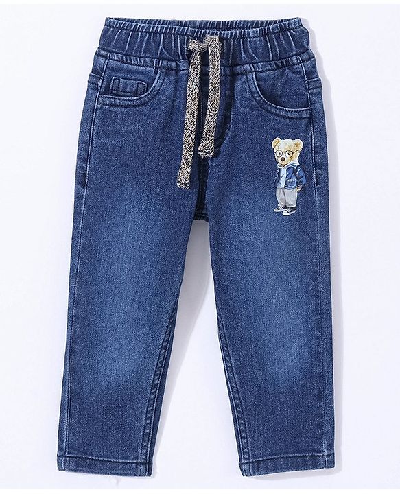 Babyhug Cotton Full Length Stretchable Jeans Bear Print - Blue