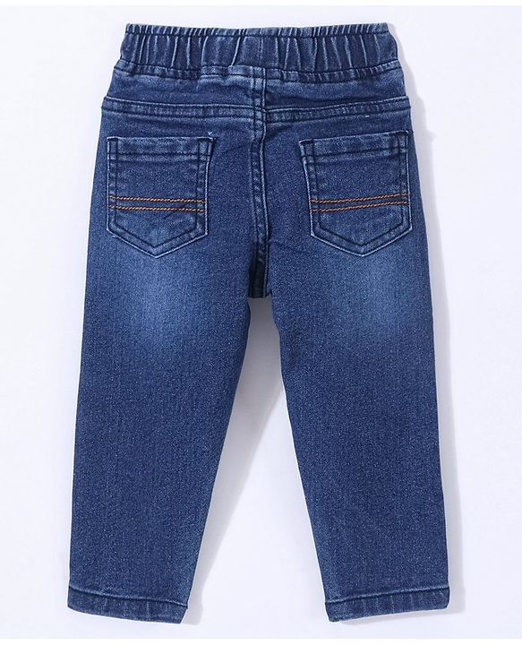 Babyhug Cotton Full Length Stretchable Jeans Bear Print - Blue