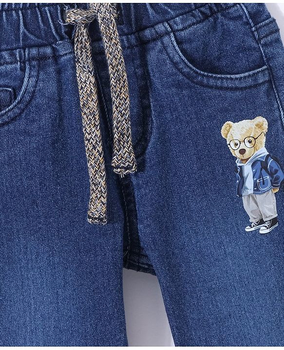 Babyhug Cotton Full Length Stretchable Jeans Bear Print - Blue