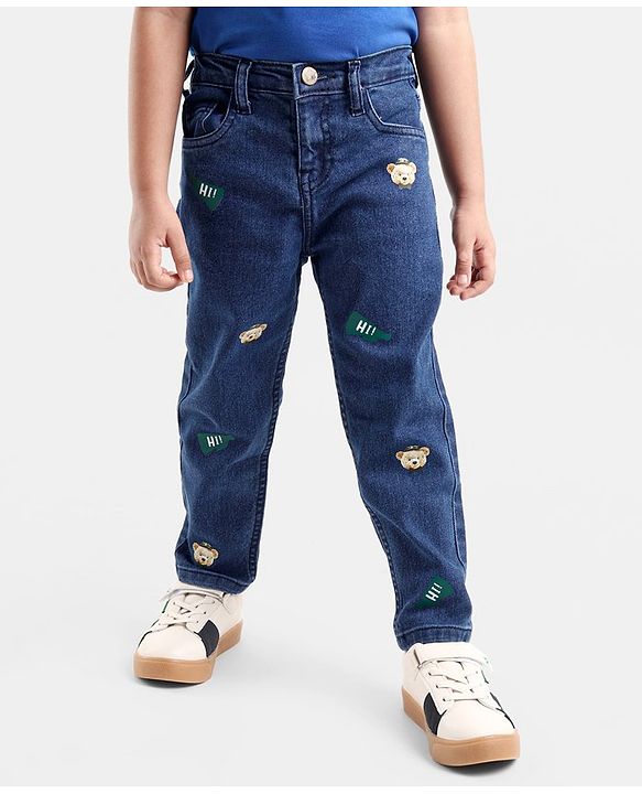 Babyhug Cotton Stretchable Full Length Washed Jeans Teddy Print   Fly With Zipper -  Blue