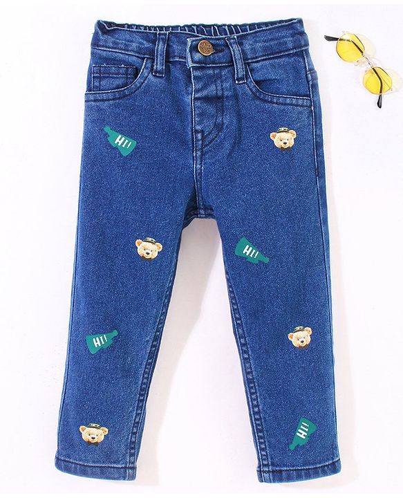 Babyhug Cotton Stretchable Full Length Washed Jeans Teddy Print   Fly With Zipper -  Blue