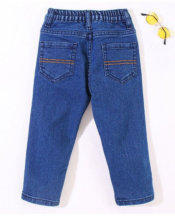 Babyhug Cotton Stretchable Full Length Washed Jeans Teddy Print   Fly With Zipper -  Blue