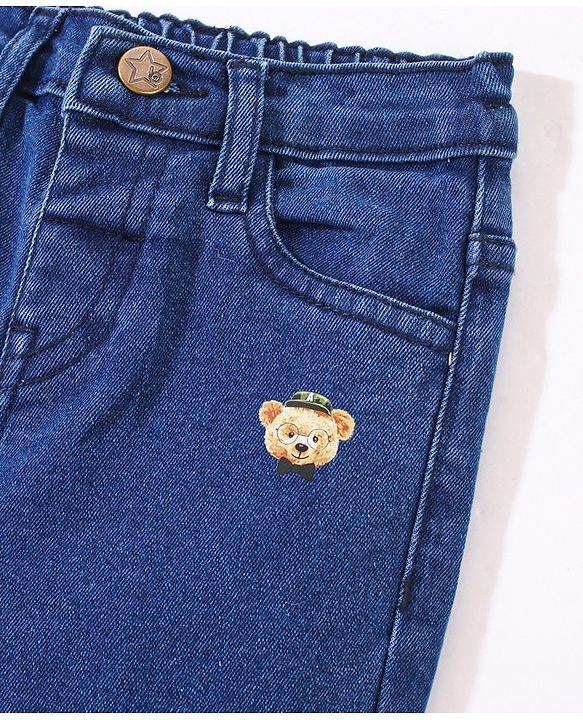 Babyhug Cotton Stretchable Full Length Washed Jeans Teddy Print   Fly With Zipper -  Blue