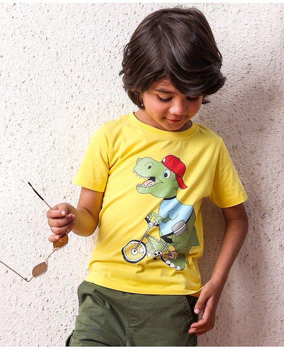 Babyhug Cotton Knit Half Sleeves Dino Printed T-Shirt - Yellow