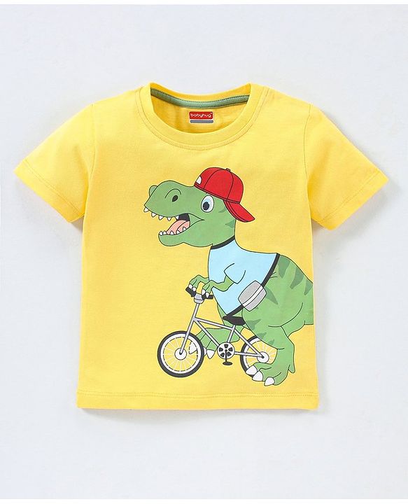 Babyhug Cotton Knit Half Sleeves Dino Printed T-Shirt - Yellow