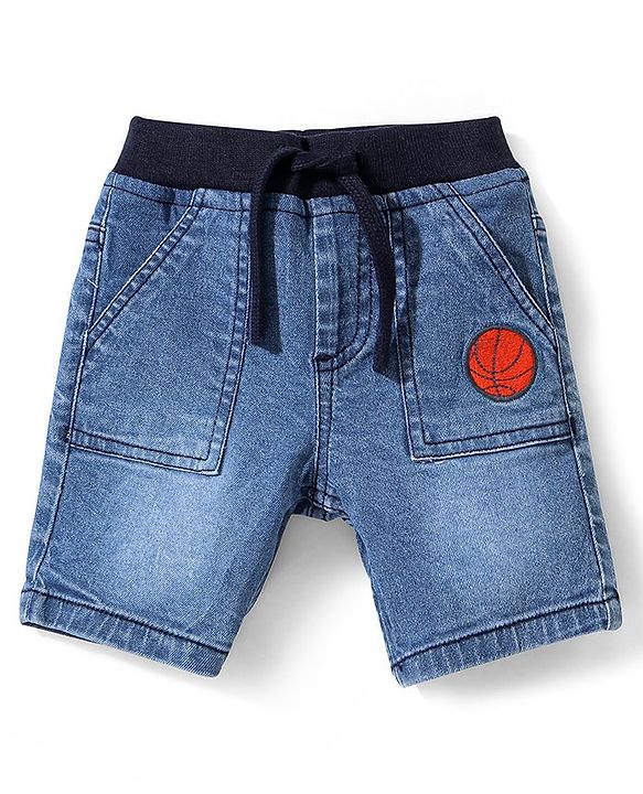 Babyhug Cotton Spandex Knee Length Stretchable Washed Denim Bermuda with Ball Patch - Blue