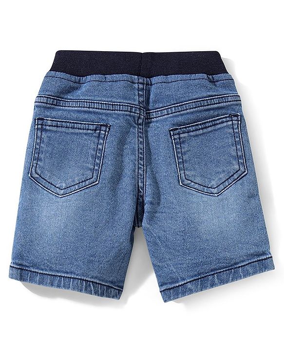 Babyhug Cotton Spandex Knee Length Stretchable Washed Denim Bermuda with Ball Patch - Blue