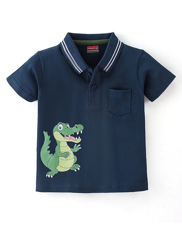 Babyhug Cotton Knit Half Sleeves Polo T-Shirt Dino Print - Navy Blue