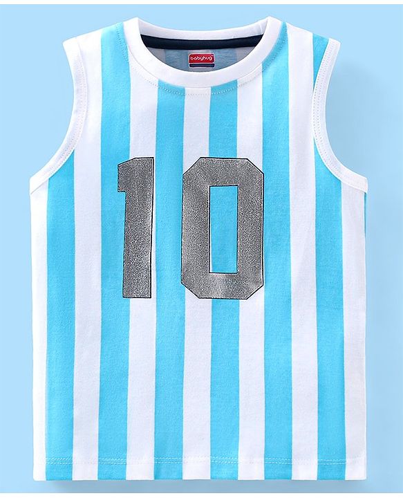 Babyhug Cotton Knit Sleeveless T-Shirt Striped and 10 Print - Blue & White
