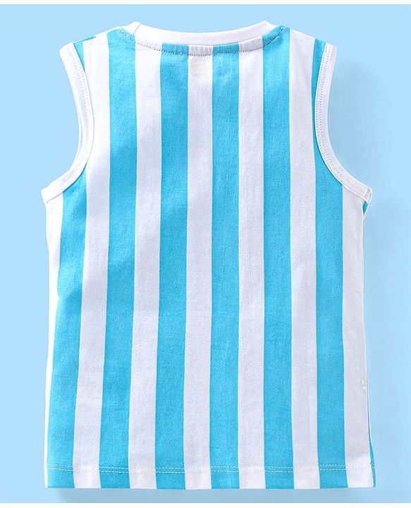 Babyhug Cotton Knit Sleeveless T-Shirt Striped and 10 Print - Blue & White