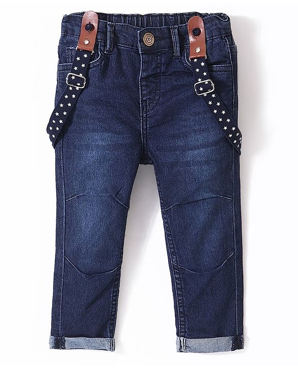 Babyhug Cotton Washed Denim Solid Full Length Jeans With Suspender  Fly With Zipper -  Blue
