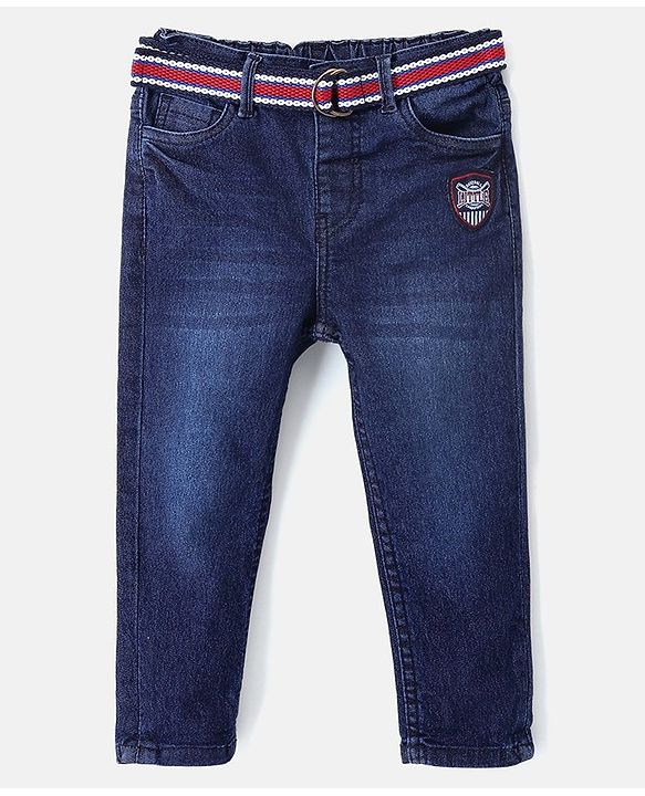 Babyhug Cotton Stretchable Full Length Washed Jeans With Belt  Fly With Zipper -  Blue