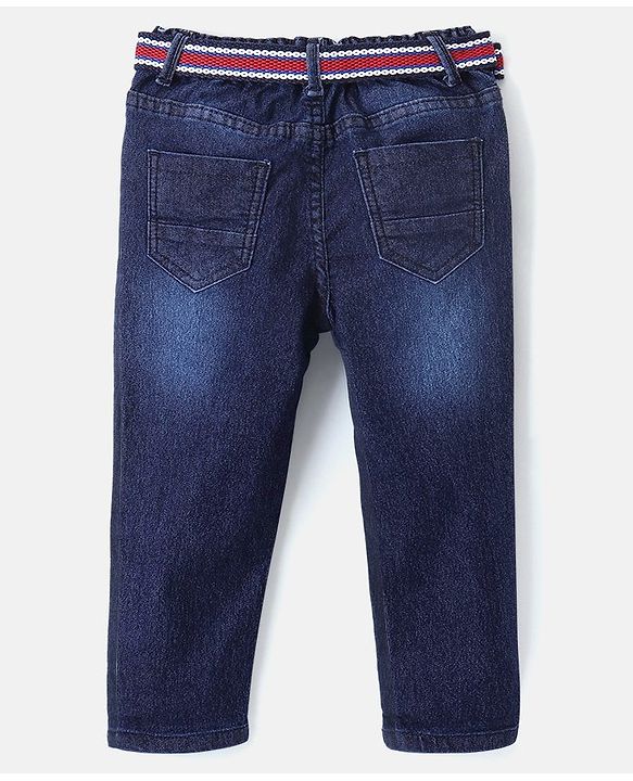 Babyhug Cotton Stretchable Full Length Washed Jeans With Belt  Fly With Zipper -  Blue