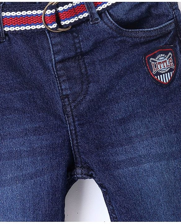 Babyhug Cotton Stretchable Full Length Washed Jeans With Belt  Fly With Zipper -  Blue