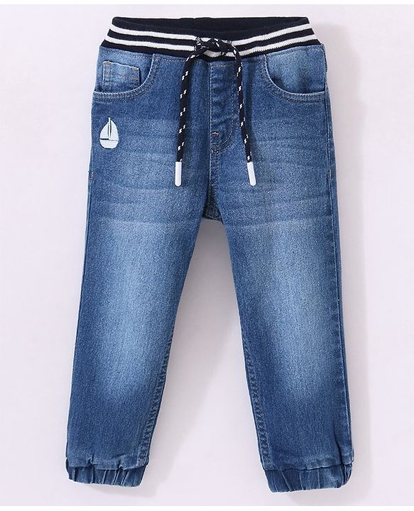 Babyhug Cotton Full Length Stretchable Denim Jeans Boat Embroidery - Blue