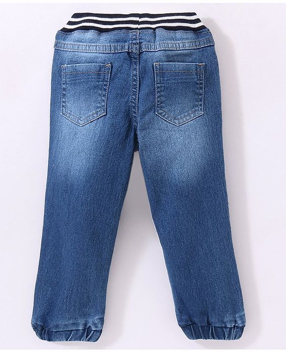 Babyhug Cotton Full Length Stretchable Denim Jeans Boat Embroidery - Blue