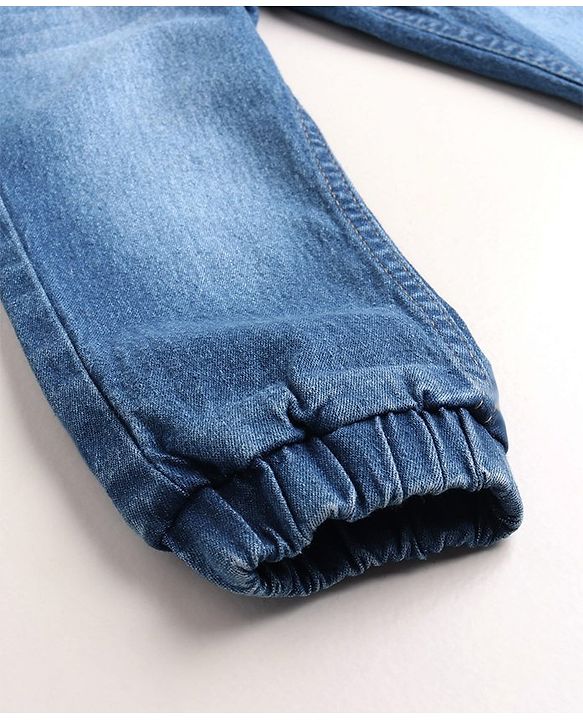 Babyhug Cotton Full Length Stretchable Denim Jeans Boat Embroidery - Blue