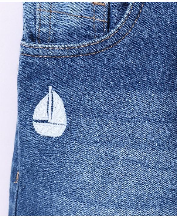 Babyhug Cotton Full Length Stretchable Denim Jeans Boat Embroidery - Blue