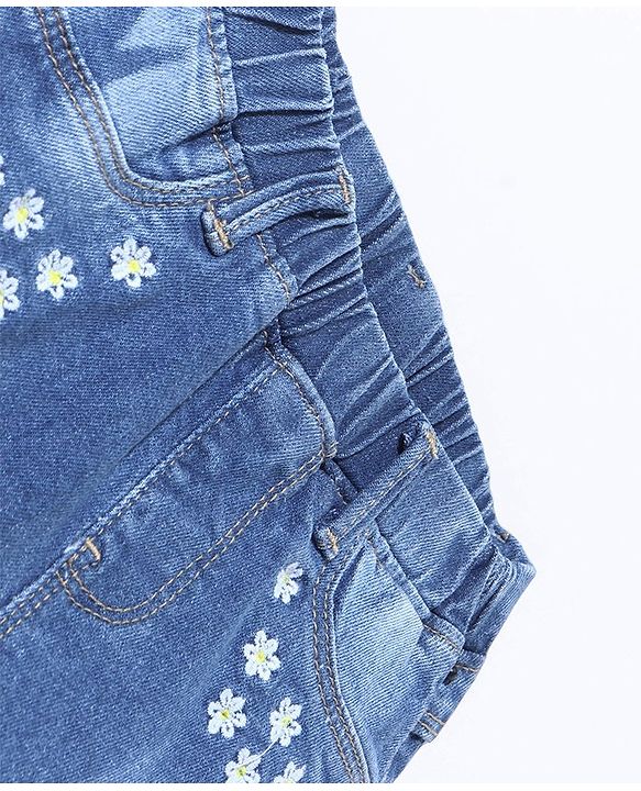 Babyhug Cotton Stretched Full Length Washed Denim Jeggings Floral Embroidery - Blue