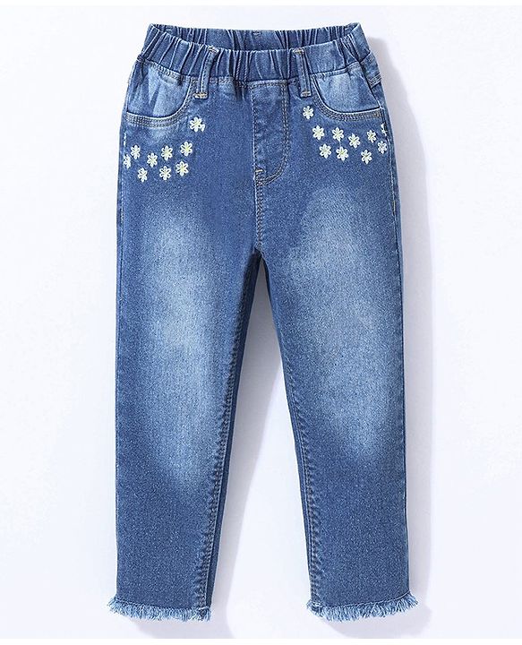 Babyhug Cotton Stretched Full Length Washed Denim Jeggings Floral Embroidery - Blue