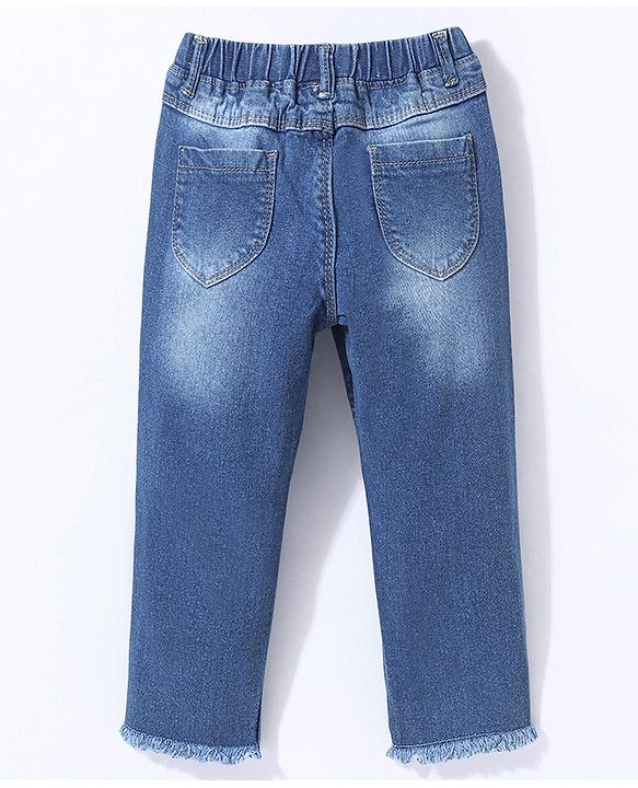 Babyhug Cotton Stretched Full Length Washed Denim Jeggings Floral Embroidery - Blue