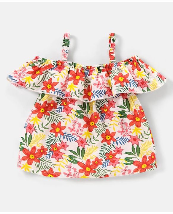 Babyhug Rayon Half Sleeves Cold Shoulder Top Floral Printed - Multicolour