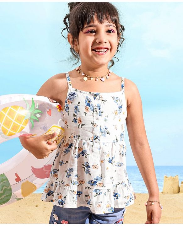 Babyhug 100% Viscose Woven Sleeveless Top With Floral Print & Corsage Detailing- White
