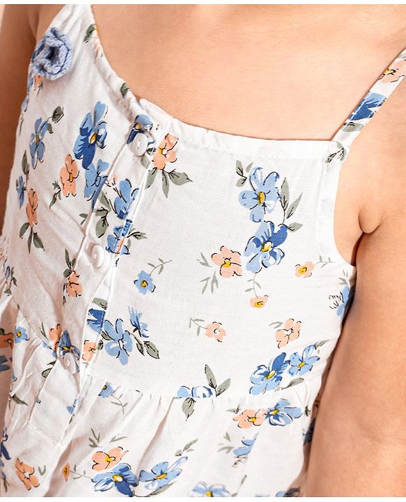 Babyhug 100% Viscose Woven Sleeveless Top With Floral Print & Corsage Detailing- White