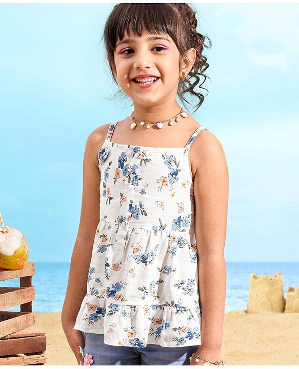 Babyhug 100% Viscose Woven Sleeveless Top With Floral Print & Corsage Detailing- White
