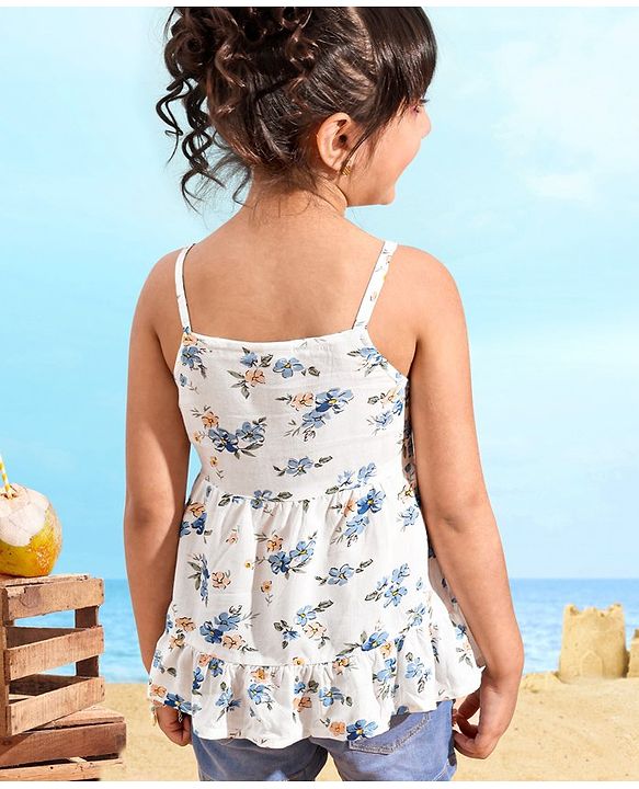 Babyhug 100% Viscose Woven Sleeveless Top With Floral Print & Corsage Detailing- White