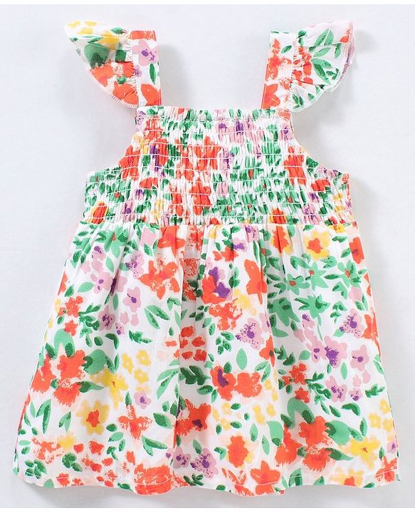 Babyhug Sleeveless Rayon Top With Smocking & Frill Detailing Floral Print - White