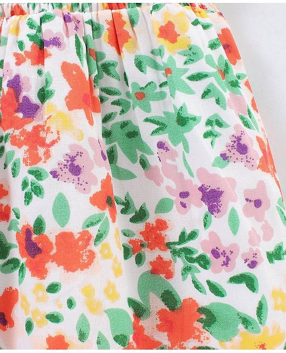 Babyhug Sleeveless Rayon Top With Smocking & Frill Detailing Floral Print - White