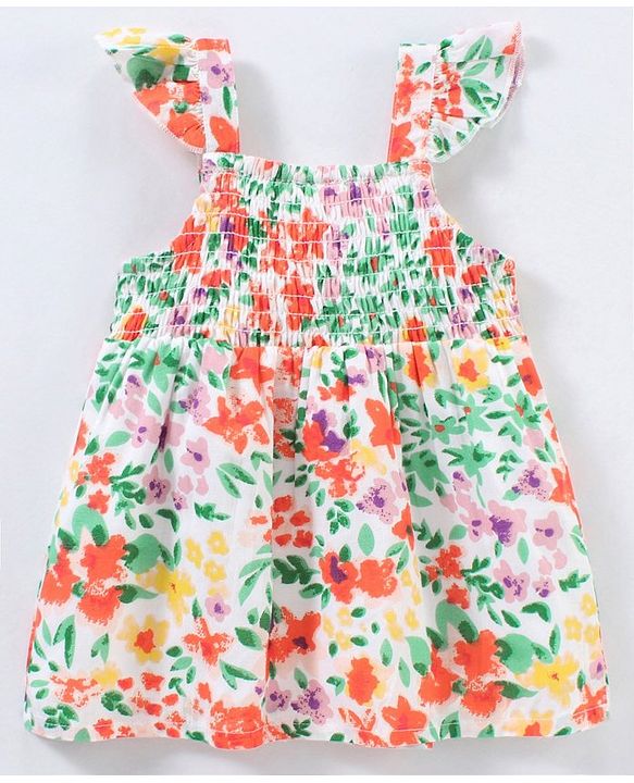Babyhug Sleeveless Rayon Top With Smocking & Frill Detailing Floral Print - White