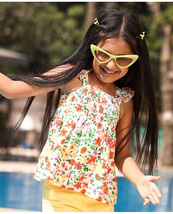 Babyhug Sleeveless Rayon Top With Smocking & Frill Detailing Floral Print - White