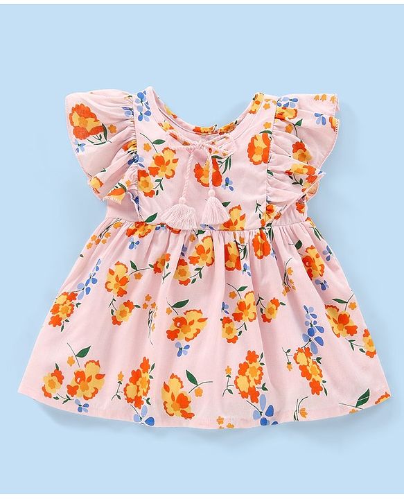 Babyhug 100% Viscose Woven Half Sleeves Top With Drawstring & Frill Detailing Floral Print- Pink