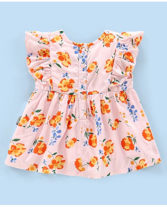 Babyhug 100% Viscose Woven Half Sleeves Top With Drawstring & Frill Detailing Floral Print- Pink