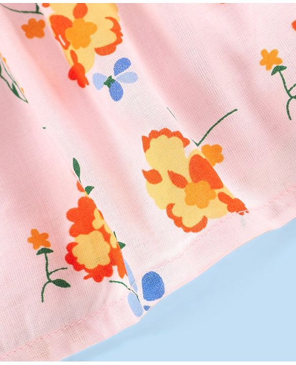 Babyhug 100% Viscose Woven Half Sleeves Top With Drawstring & Frill Detailing Floral Print- Pink